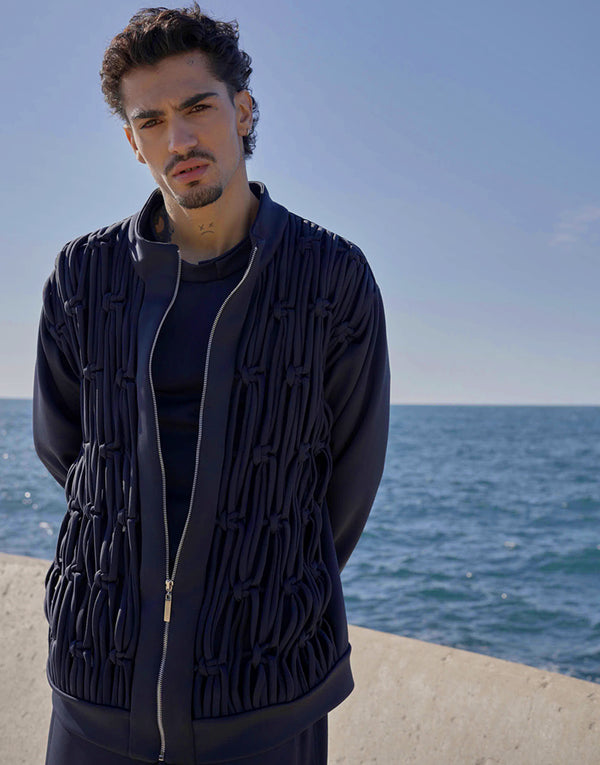 Mare Navy Zip-Up Crewneck Top